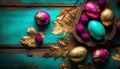 Luxury magenta, turquoise and gold easter eggs with turquoise wooden background