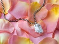 Luxury elegant baroque pearl pendant with silver chain on pink yellow rose petals Royalty Free Stock Photo