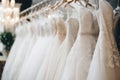 Luxury elegant bridal dress on hangers. Beautiful white wedding dresses hanging on hanger in bridal shop boutique salon Royalty Free Stock Photo