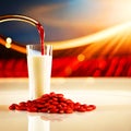 luxury elegant embossed soy milk pouring down with beans isolated natural red field golden mock up