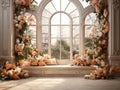 luxury elegant Garden background prop beautiful orange flowers , big windows , room for copyempty