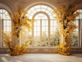 luxury elegant Garden background prop beautiful yellow flowers , big windows , room for copyempty