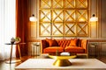 luxury elegant interior bedroom dark orange and golden mockup of the wall furniture mockup