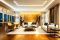 luxury elegant modern futuristic gold living room with big windows minimalistic mockup Royalty Free Stock Photo
