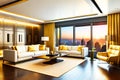 luxury elegant modern futuristic gold living room with big windows minimalistic mockup Royalty Free Stock Photo