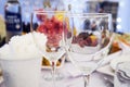 Luxury elegant table setting dinner in a restaurant. Stemwares on a festive beautifully decorated wedding table. Polished wine gla Royalty Free Stock Photo