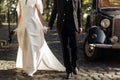 Luxury elegant wedding couple walking and holding hands close up Royalty Free Stock Photo