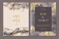 Luxury elegant wedding invitation cards with gold and grey marble watercolor texture. Save the date.