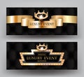 LUXURY EVENT ELEGANT INVITATION BANNERS with CROWN, VINTAGE FRAME, LEATHER and CURLY SILK RIBBON.