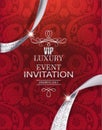 Luxury event invitation card with silver ribbons and red floral background.