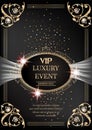 Luxury event invitation gold card with vintage frame and floral design elements.