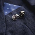 Luxury fashion men`s cufflinks. accessories for tuxedo, butterfly, tie, Royalty Free Stock Photo