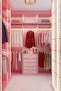 luxury fashionable doll like interior. Dressing room in pink colors. Wardrobe-room