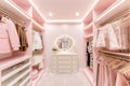 luxury fashionable doll like interior. Dressing room in pink colors. Wardrobe-room. Royalty Free Stock Photo