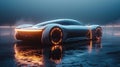 Luxury fast black sports car, futuristic vehicle in neon light, AI generated