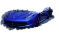 Luxury Ferrari blue car on white backgound. Painting effect.