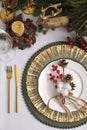 Luxury festive place setting with beautiful decor for Christmas dinner on white table, flat lay Royalty Free Stock Photo