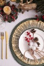 Luxury festive place setting with beautiful decor for Christmas dinner on white table, flat lay Royalty Free Stock Photo