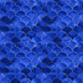 Luxury fish scale seamless pattern. Golden sea wave texture on ultramarine watercolor background. Print for textile, wallpaper, wr Royalty Free Stock Photo