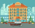 Luxury five star hotel. Infrastructure of a big city. Exclusive retro car. Architecture of metropolis