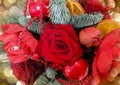 Christmas bouquet with red roses and ornaments close-up stock photo images Royalty Free Stock Photo