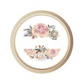 Luxury floral greeting card with orange, pink and purple flowers on white background and wooden circle frame