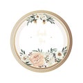 Luxury floral greeting card with orange, white, brown and yellow flowers on white background and wooden circle frame Royalty Free Stock Photo