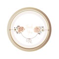 Luxury floral greeting card with orange, white, brown and yellow flowers on white backgroud and wooden circle frame