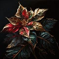 Luxury floral oil painting. Gold and red Christmas poinsettia flower on black