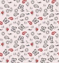 Luxury floral pattern with red lips and hearts. Seamless pattern in vintage fashion style Ready for textile prints. Royalty Free Stock Photo