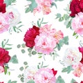 Luxury floral seamless vector print with peony, alstroemeria lily, mint eucaliptus and ranunculus leaves on white