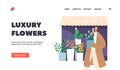 Luxury Flowers Landing Page Template. Man Bought Bouquet in Street Store. Young Male Character Stand near Floristic Shop Royalty Free Stock Photo
