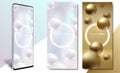 Luxury Flying Jewelry Pearl and Gold Sphere White Glow Ring Frame Smartphone Wallpapers Set with glassmorphism element. Vector