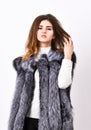 Luxury fur accessory clothes. Fashion trend concept. Winter fashionable wardrobe for female. Boutiques selling fur