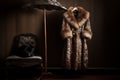Luxury fur coat hanging on brass coat stand. Generative AI