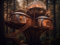 A luxury futuristic art treehouse village in the redwood forest at dawn. Generative AI