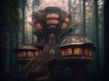 A luxury futuristic art treehouse village in the redwood forest at dawn. Generative AI