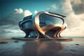 Luxury futuristic villa on sea beach, exterior of modern home on water, generative AI