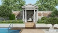 Luxury garden with little neoclassical temple and pool