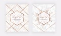 Luxury geometric cover design with marble frames, golden lines and leafs on the marble texture. Template for wedding invitation, b