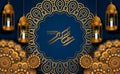 Luxury geometrical mandala ornament decoration with hanging 3D golden fanoos arabian lantern with blue background and calligraphy