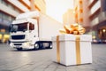 Luxury gift box with white truck container in background, delivery service concept, generative AI