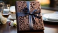 Luxury gift box wrapped in shiny wrapping paper, filled with gourmet chocolates generated by AI