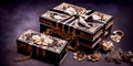 Luxury gift boxes with golden patterns on dark blue background, concept for holidays Royalty Free Stock Photo