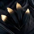 Luxury gilded gold golden black swan feather on silk cloth background