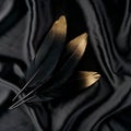 Luxury gilded gold golden black swan feather on silk cloth background