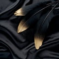 Luxury gilded gold golden black swan feather on silk cloth background