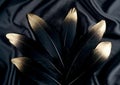 Luxury gilded gold golden black swan feather on silk cloth background