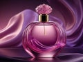 Luxury Glass or Crystal Perfume Bottle with Pink Purple Smoke Waves Background.