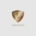 Luxury gold decorative shield sign illustration. Letter L alphabet logo design template. Security, protection logo concept.